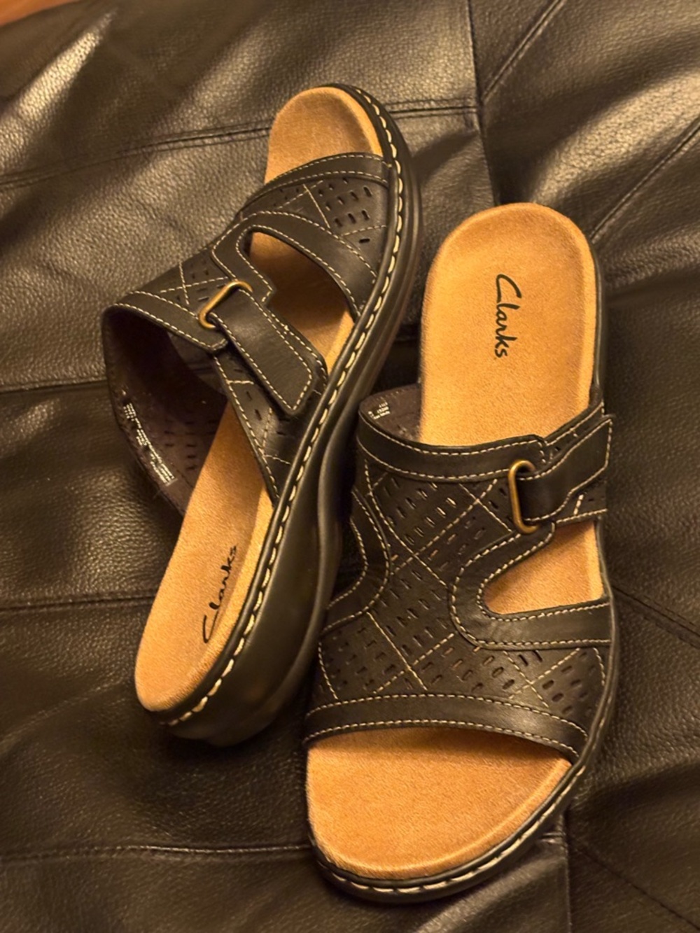 Clarks Black and Tan adjustable Leather Slide Sandals